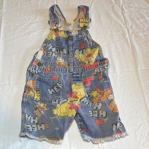 Kids Blue Denim Chicken Print Short Overalls